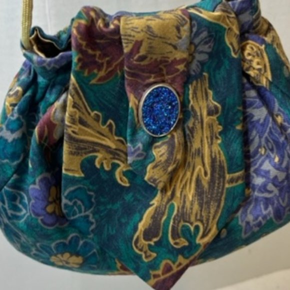 JT Beckett Handmade Tie Crossbody Purse w/Sparkling Blue Brooch Small 7.5"x6" - Picture 5 of 11